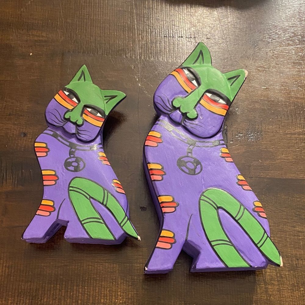 Vintage Laurel Burch Style Cat Statue Wood Carved Bright Purple set of 2